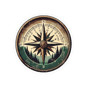 May include: A round sticker featuring a vintage compass design. The compass has a detailed face with directional markings and a central starburst design. A forest scene is depicted at the bottom, with a green and brown color scheme.