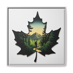 Maple Trail Framed Canvas | Scenic Forest Hike Framed in a Maple Leaf - Nature Explorer Wall Art