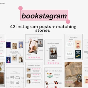 Może przedstawiać: Cyfrowe pobieranie 42 szablon&oacute;w post&oacute;w na Instagramie i pasujących historii. Projekt zawiera r&oacute;żowe akcenty i słowo "bookstagram". R&oacute;żne szablony prezentują recenzje książek, rekomendacje i ulubione postacie.