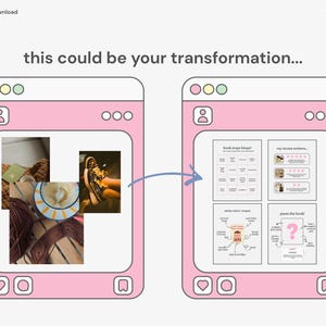 Może przedstawiać: R&oacute;żowa grafika cyfrowa z tekstem "this could be your transformation..." i dwoma makieta post&oacute;w w mediach społecznościowych. Jeden post pokazuje filiżankę kawy, przędzę i but. Drugi post pokazuje grafiki związane z książkami.