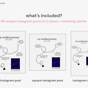 Może przedstawiać: Zestaw graficzny do pobrania cyfrowego na Instagram. Zawiera 40 unikalnych post&oacute;w w dw&oacute;ch rozmiarach i pasujące historie. Każdy post zawiera grafikę podr&oacute;ży czytelniczej z tekstem: "my reading journey share yours!" i okładkę książki.