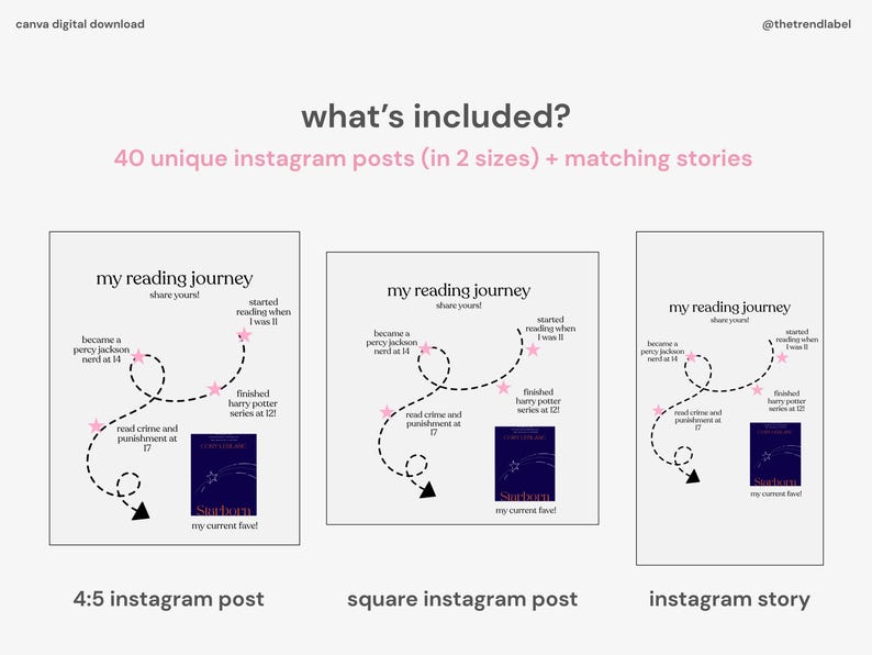 Może przedstawiać: Zestaw graficzny do pobrania cyfrowego na Instagram. Zawiera 40 unikalnych post&oacute;w w dw&oacute;ch rozmiarach i pasujące historie. Każdy post zawiera grafikę podr&oacute;ży czytelniczej z tekstem: "my reading journey share yours!" i okładkę książki.