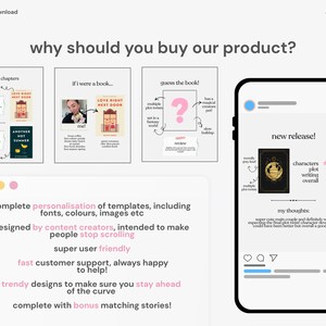 Może przedstawiać: Grafika cyfrowa z pytaniem &bdquo;dlaczego powinieneś kupić nasz produkt?&rdquo; z okładkami książek, makietą telefonu i tekstem o personalizacji, projekcie i obsłudze klienta.