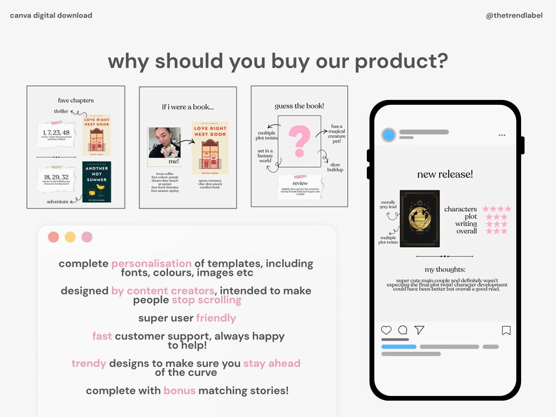 Może przedstawiać: Grafika cyfrowa z pytaniem &bdquo;dlaczego powinieneś kupić nasz produkt?&rdquo; z okładkami książek, makietą telefonu i tekstem o personalizacji, projekcie i obsłudze klienta.