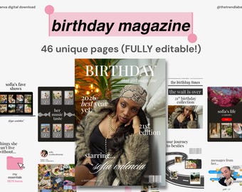 Łatwy do dostosowania szablon magazynu urodzinowego – prezent dla niej i najlepszej przyjaciółki, spersonalizowany prezent urodzinowy, niestandardowy szablon magazynu