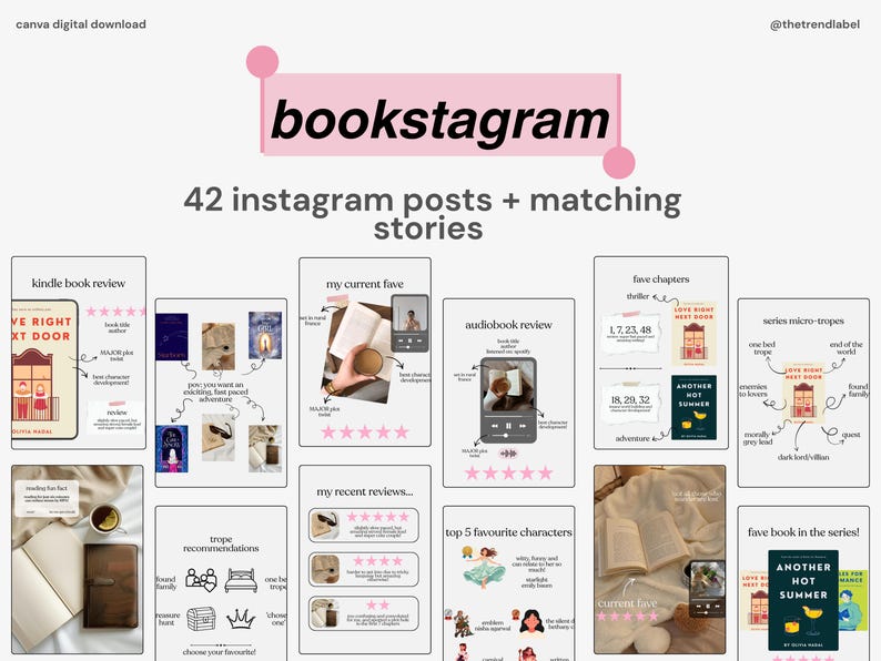 Może przedstawiać: Cyfrowe pobieranie 42 szablon&oacute;w post&oacute;w na Instagramie i pasujących historii. Projekt zawiera r&oacute;żowe akcenty i słowo "bookstagram". R&oacute;żne szablony prezentują recenzje książek, rekomendacje i ulubione postacie.