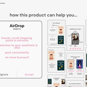 Może przedstawiać: Cyfrowy plik do pobrania z tekstem &bdquo;jak ten produkt może Ci pom&oacute;c...&rdquo; i &bdquo;AirDrop BENEFITS&rdquo;. Grafika zawiera okładki książek, recenzje audiobook&oacute;w i sekcję mini recenzji. Schemat kolor&oacute;w to gł&oacute;wnie biały i r&oacute;żowy.