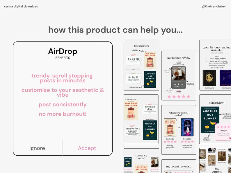 Może przedstawiać: Cyfrowy plik do pobrania z tekstem &bdquo;jak ten produkt może Ci pom&oacute;c...&rdquo; i &bdquo;AirDrop BENEFITS&rdquo;. Grafika zawiera okładki książek, recenzje audiobook&oacute;w i sekcję mini recenzji. Schemat kolor&oacute;w to gł&oacute;wnie biały i r&oacute;żowy.