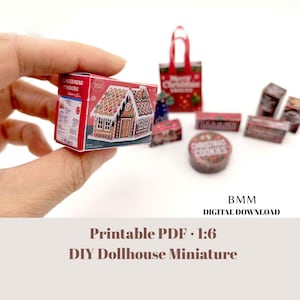 Empaque de refrigerios navideños a escala 1:6, comida para casa de muñecas, 8 cajas de refrigerios y 1 bolsa, casa de pan de jengibre, bastones de caramelo, galletas, chocolate caliente