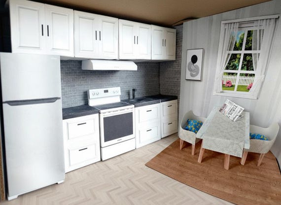 Kit mobili da cucina per casa delle bambole,7 pezzi 1:12 Mini armadio da cucina in legno per casa delle bambole, set di mobili da cucina moderna per casa delle bambole per la