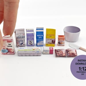 1:12 Scale, 12 items Cake Baking Set - Printable Dollhouse baking set flour, sugar, chocolate chip, baking soda, cream, milk