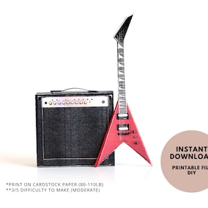 1:6 Mini Red Electric Guitar with amp, DIY Miniature Music Instrument printable template for Dollhouse home decoration and accessory