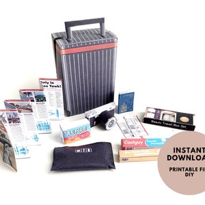 9 Stück Reisen zu öffnende Gepäck Box für Puppe, druckbare Miniatur Vorlage New York Stadtplan, Kamera, Pass, Ticket, Reise-Szene