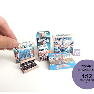 Escala 1:12, 7 elementos Juegos de mesa y tablero de ajedrez abrible - Decoraciones de casa de muñecas imprimibles - Plantilla en miniatura imprimible