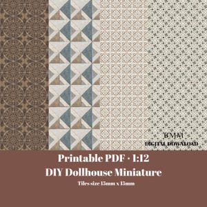 May include: Printable PDF dollhouse miniature tiles in three different patterns. The tiles are 15mm x 15mm. The patterns include a brown circular design, a geometric design with blue and tan triangles, and a floral design.