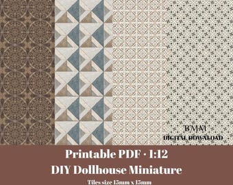 Azulejos en miniatura para casa de muñecas a escala 1:12 – Tonos cálidos vintage retro (Descarga digital)