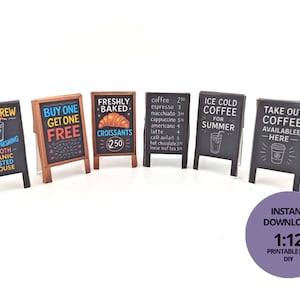 1:12 Quadro-negro para cafeteria — Placa em miniatura para impressão faça você mesmo para cenário de cafeteria em casa de bonecas