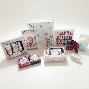 11 items Nail set miniatures for dollhouse 1:6 miniature play, hand masks, Gel sets, pulish remover box, hand cream, gift bag, vintage