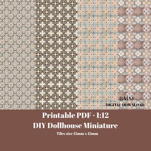 Può includere: Un download digitale con vari motivi di piastrelle nei toni del blu, beige e marrone. L'immagine include il testo: "PDF stampabile 1:12 Miniatura per casa delle bambole fai-da-te". Dimensioni delle piastrelle: 15 mm x 15 mm.
