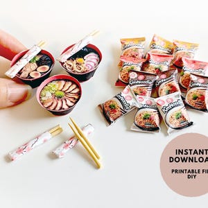 4 styles Instant Kim Noodle and 3 bowls of ramen noodle with chopsticks, 1:6 scale, Printable Dollhouse miniature template, diorama