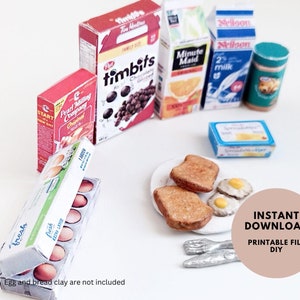 Doll Miniature Breakfast Printable DIY Mini Box Milk Bread Pancake Egg Orange Juice Cereal Butter 1:6 Scale 7 piece Miniature Lover