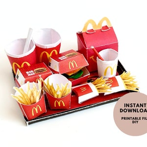 10 pieces McDonald's Meal and Happy Meal Set - Printable Dollhouse Fast Food for doll - Burger, Fries, DIY, printable miniature template