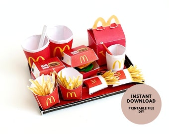 10 pieces McDonald's Meal and Happy Meal Set - Printable Dollhouse Fast Food for doll - Burger, Fries, DIY, printable miniature template