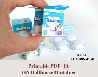 1:6 Set de bebé con pañales y toallitas (plantilla), recién nacidos, bebés, para casa de muñecas, archivo de papel en miniatura DIY