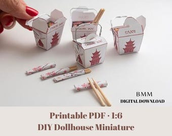 3 styles Chinese noodle boxes and chopsticks, 1:6 scale, Printable Dollhouse miniature template, diorama