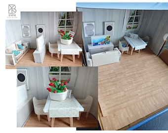 BMM Shoe Box , 1:12 , 4-5inch doll Living Room 10 in 1, Dining table and chair, TV and sofa, Dollhouse furniture, DIY, diorama
