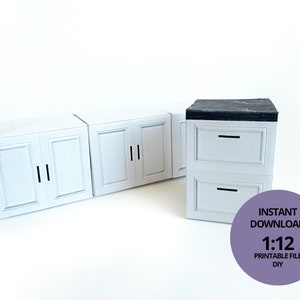 1:12 Kitchen Cabinet and Drawer  Printable Dollhouse furniture DIY printable miniature template DIY your own doll house BMM shoesbox