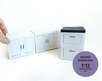 1:12 Kitchen Cabinet and Drawer  Printable Dollhouse furniture DIY printable miniature template DIY your own doll house BMM shoesbox