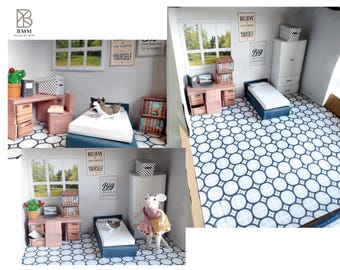Bedroom Scene Shoe Box, 1:12/ 4-5 inch doll, 10 in 1, bed, closet, desk, chair, bookcase, Dollhouse furniture, DIY,  diorama
