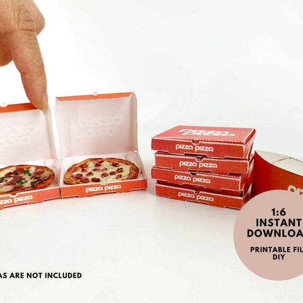 Schaal 1:6, pizza-pizzadozen voor poppenhuizen - Afdrukbare mini-voedselsjabloon, afdrukbare miniatuursjabloon