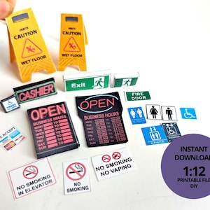 1:12 Miniature Shop Schilder — Puppenhaus Zubehör (Nasser Boden, Öffnen, Ausgang, Kasse, Toiletten, Warnschilder & mehr)
