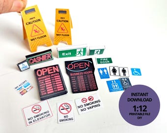 1:12 Miniature Shop Signs Set — Dollhouse Accessories (Wet Floor, Open, Exit, Cashier, Restrooms, Warnings & More)