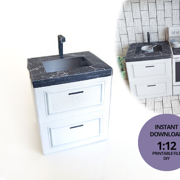 1:12 Mini Kitchen Sink - Printable Dollhouse furniture,  DIY, printable miniature template, DIY your own doll house, BMM System