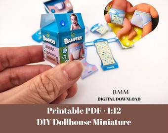 1:12 Set de bebé con pañales y toallitas (plantilla), recién nacidos, bebés, para casa de muñecas, archivo de papel en miniatura DIY