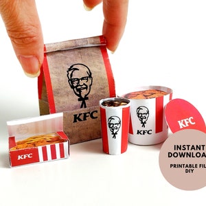 1 6, 4pieces KFC Meal Set - Printable Dollhouse Fast Food for dolls - Chicken, Chicken Bucket , Fries, DIY, printable miniature template
