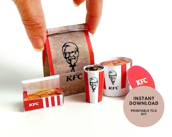 Ensemble de repas KFC 1 6, 4 pièces - Restauration rapide imprimable pour maison de poupée pour poupées - Poulet, seau de poulet, frites, bricolage, modèle miniature imprimable