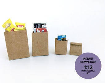 Bolsas de papel marrón para compras, 3 tamaños, 1:6, 112 unidades, para supermercado, papel artesanal o impresión a color, para casa de muñecas, supermercado de muñecas, plantilla en miniatura.