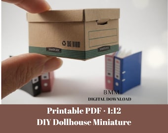 Printable 1:12 Miniature Banker Box & Binder Kit, DIY Dollhouse Office Folders, 4 Color Stationery Set, Digital Download PDF