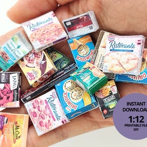 1:12 Scale , 24 items Frozen foods - ice cream box, pizza box, bean box,  chicken wing box, fries box, printable miniature template