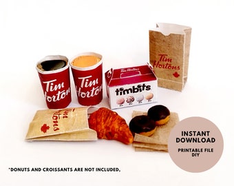 5 pieces Mini Tim Hortons-Inspired Meal Set for Dollhouses and Barbies - Printable Mini Food Items, printable miniature template