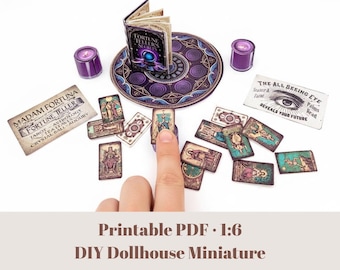 1:6 Fortune Teller dollhouse set  Purple Magic Book, Tarot Cards, Candles, Signs and Wizard Tools template