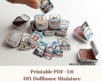 Latas de ração para gatos para imprimir, cena de cozinha em miniatura para casa de bonecas (download em PDF)