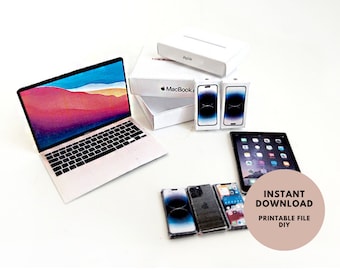 Printable DIY iphone 15 macbook air ipad air Christmas gift dolls office tool Pink laptop for dollhouse 1:6 miniature play 9 item