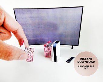 DIY printable TV Game Popcorn Dollhouse Miniature Furniture 1:6 scale 5 pieces Easy Fun Hobby