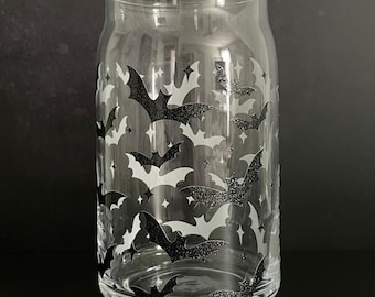 Glittery Bats Libbey Glass Can | 16oz Halloween Iced Coffee Cup with Bamboo Lid & Straw | Spooky Bat Glass Cup | Cute Fall Drinkware