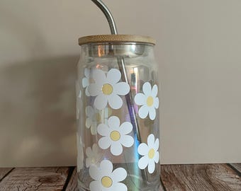 Handmade Iridescent Daisy Glass Cup | Bamboo Lid & Straw, 16oz